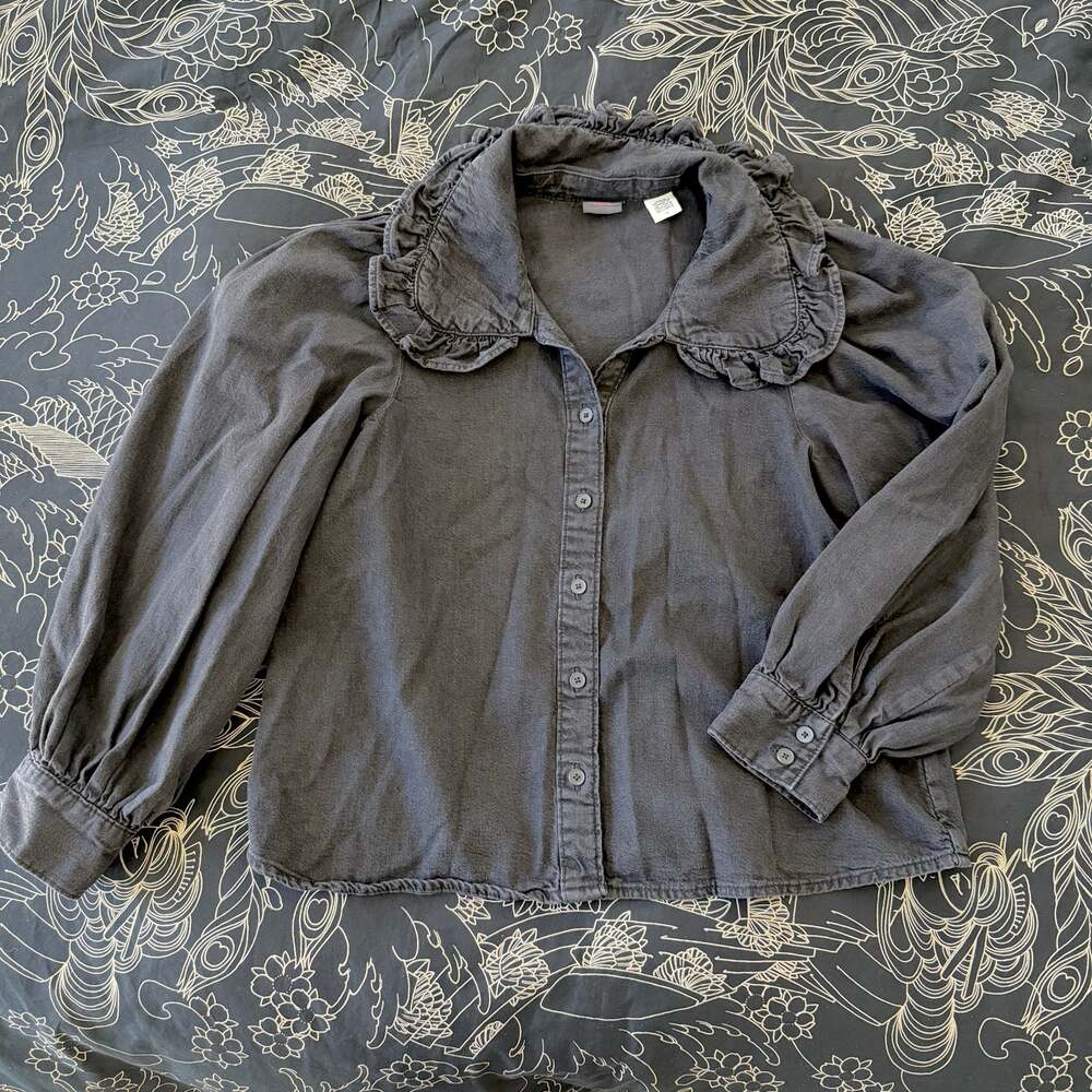 Levi's Women's Black Denim Long Sleeve Button-Up Blouse with Ruffled Collar